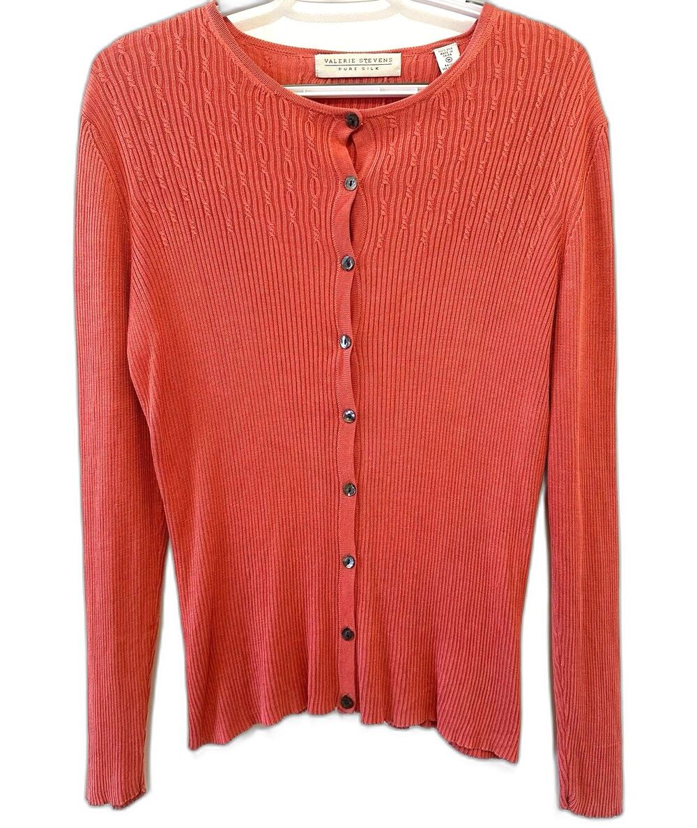 Valerie Stevens Pure Silk Button Front Cardigan Sweater Medium Salmon Pink